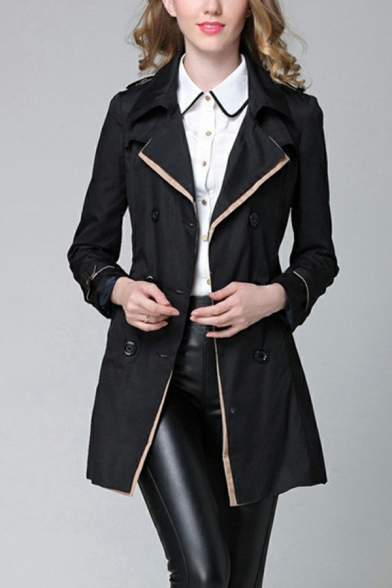 Women Hot Pure Color Lapel Collar Long Sleeves Belt Double-Breasted Trench Coat