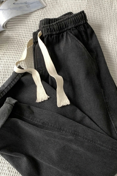 Boys Fancy Solid Pocket Designed Mid Rise Loose Long Length Drawstring Waist Jeans