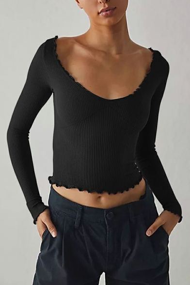 Casual Women Pure Color Long Sleeve Scoop Neck Slim Fitted Cropped Knitted Top