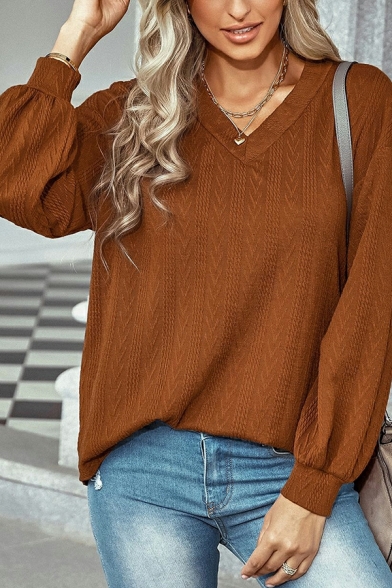 Casual Womens Whole Colored V-Neck Long Sleeve Regular Fit Knitted Top
