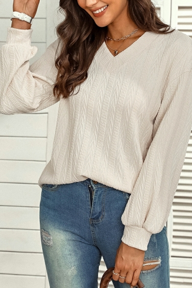 Casual Womens Whole Colored V-Neck Long Sleeve Regular Fit Knitted Top