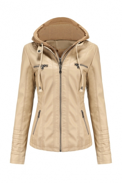 Detachable Hooded Leather Jacket Ladies Slim Long Sleeve Zipper PU Jacket