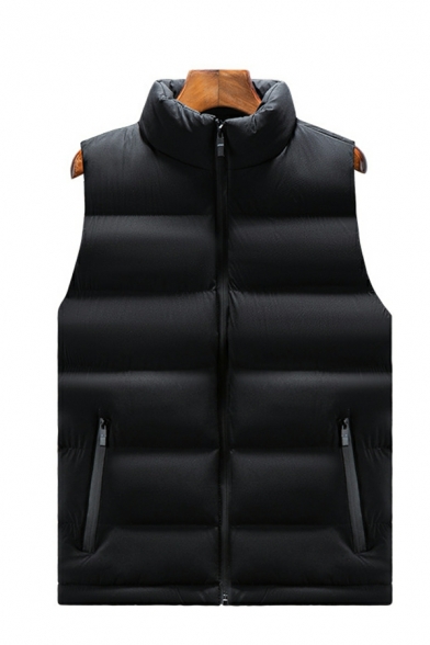 Edgy Men Plain Stand Collar Pocket Designed Fitted Sleeveless Zipper Vest