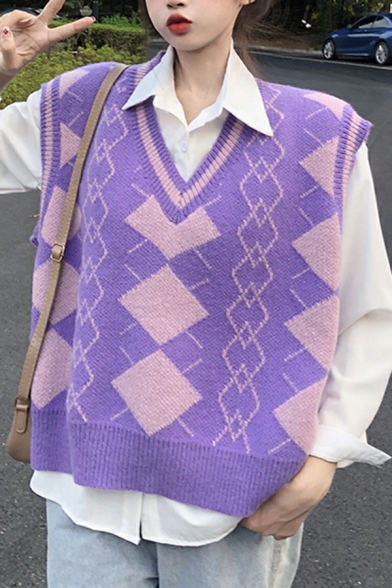 Elegant Ladies Geometric Print Sleeveless Oversized V Neck Knitted Vest