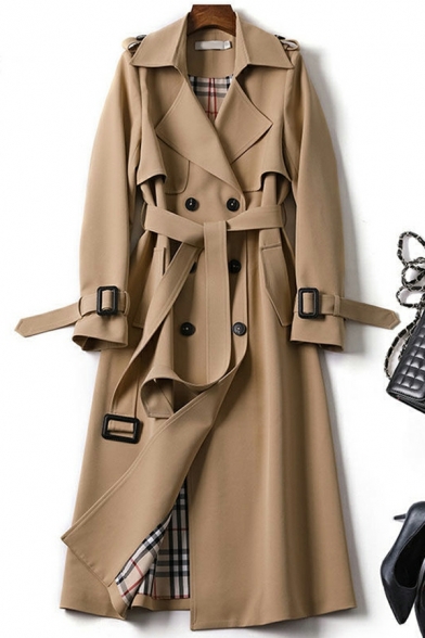 Elegant Women Plain Belt Lapel Collar Long Sleeve Fitted Double-Breasted Trench Coat