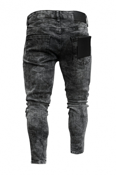 Fashionable Guy's Solid Color Broken Hole Mid Rise Long Length Zip Fly Jeans
