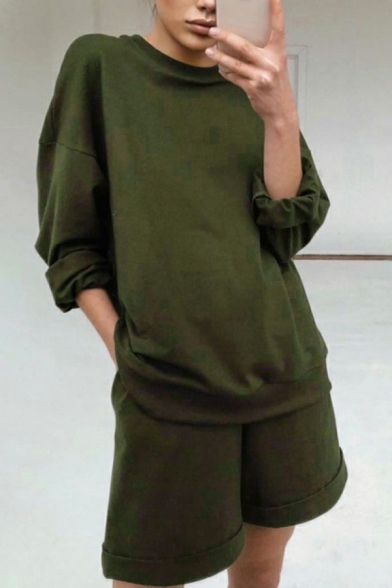 Fashionable Women Pure Color Long Sleeve Round Neck Sweatshirt with Shorts Regular Set
