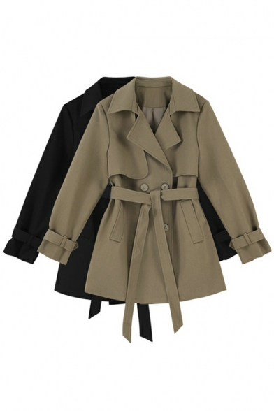 Girl's Urban Solid Notched Collar Long Sleeves Belt Regular Double Breasted Trench Coat
