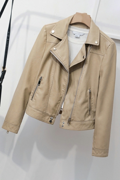 Girls Fashionable Plain Pocket Lapel Collar Long Sleeves Zip Fly Regular Leather Jacket