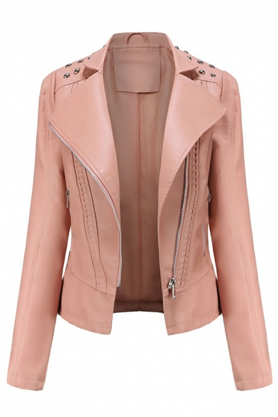Girls Unique Solid Color Beading Stand Collar Long-Sleeved Skinny Zip down Leather Jacket