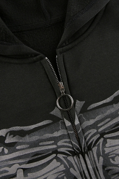 Girls Urban Skull Printed Regular Fitted Long-Sleeved Hooded Drawstring Zipper Hoodie