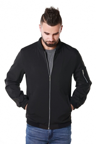 Guy's Freestyle Contrast Trim Pocket Designed Stand Collar Slim Fit Zip Down Jacket