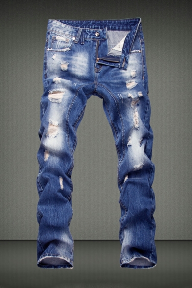 Guys Stylish Jeans Solid Color Distressed Detailed Mid Waist Regular Zip Up Jeans