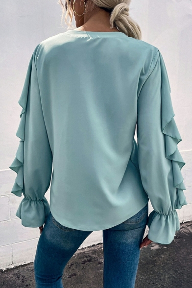 Hot Ladies Pure Color Button Detail Long Sleeve V-neck Ruffles Regular Shirt