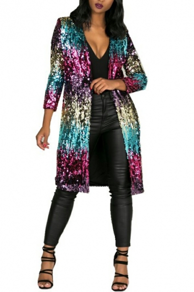 Ladies Fashion Sequined Print V-neck Long Sleeves Regular Fit Open Front Trench Coat