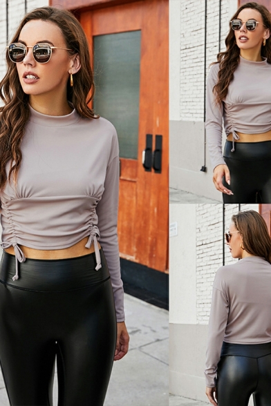 Ladies Simple Solid Color Long-Sleeved Ruched Detail High Collar Skinny Crop T-shirt