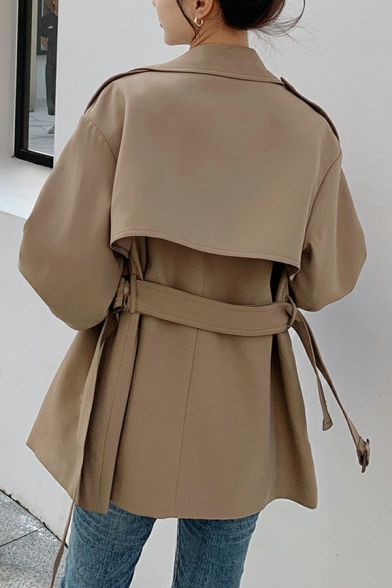 Leisure Ladies Solid Color Lapel Collar Loose Belt Long Sleeve Double Buttons Trench Coat