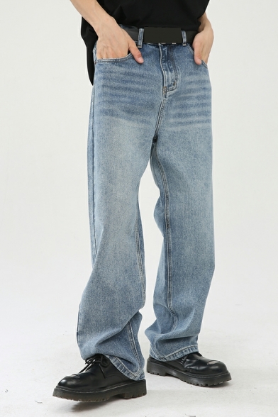 Men Creative Pure Color Pocket Design Oversized Full Length Zip Placket Jeans