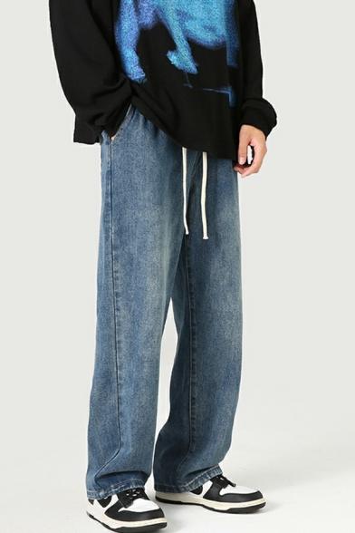 Men Modern Pocket Detailed Full Length Mid Rise Regular Straight Drawstring Waist Jeans