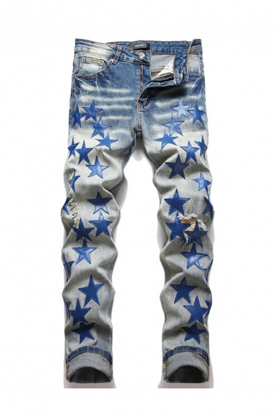 Novelty Guy's Star Pattern Broken Hole Full-zip Mid Rise Long Length Straight Jeans