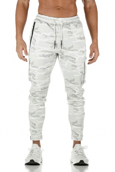 Sporty Men Camouflage Print Pocket Mid Waist Skinny Drawstring Long Length Pants for Men