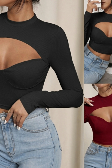 Street Look Plain Long Sleeves Mock Neck Slimming Hollow Out Crop Knitted Top for Girls