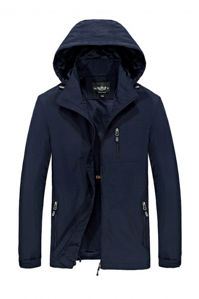 Urban Whole Colored Front Pocket Long Sleeves Regular Hooded Zip Closure Jacket for Men
