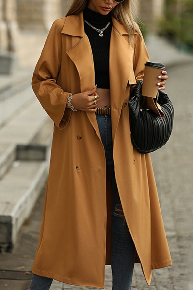 Women Hot Solid Color Lapel Collar Long Sleeves Belt-up Double-Breasted Trench Coat