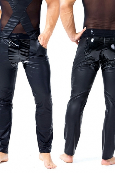 Cool Mens Pure Color Mid Waist Full Length Slim Fitted Button Closure Leather Pants