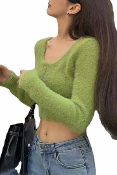 Freestyle Pure Color Scoop Collar Long Sleeves Button Design Crop Knitted Top for Women