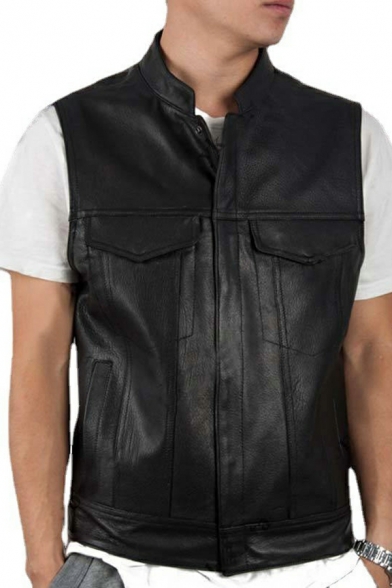 Freestyle Solid Color Stand Collar Chest Pocket Regular Button Up Leather Vest for Guys