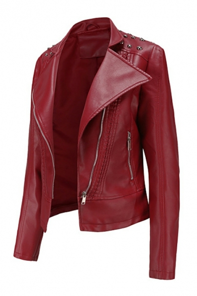 Girls Unique Solid Color Beading Stand Collar Long-Sleeved Skinny Zip down Leather Jacket