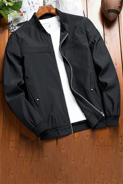 Guy's Street Style Contrast Trim Pocket Long Sleeve Stand Collar Zipper Baseball Jacket