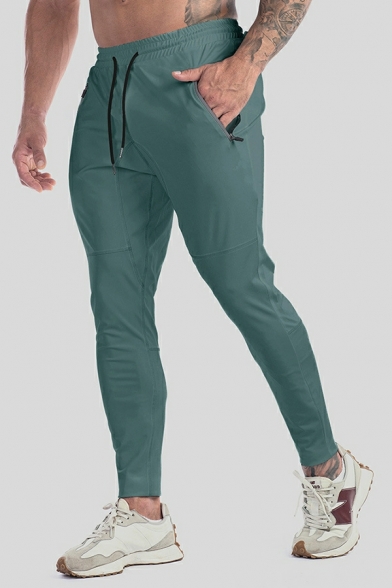 Guys Edgy Pure Color Drawstring Waist Mid Rise Long Length Skinny Pants