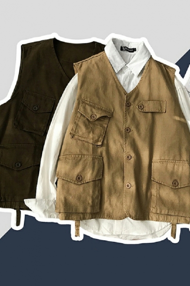 Modern Men Whole Colored Multi-Pockets V-neck Oversized Button Placket Vest