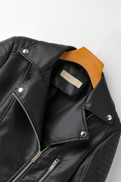 Women Cool Pure Color Lapel Collar Long Sleeves Regular Fit Zip Placket Leather Jacket