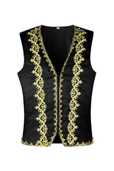 Basic Embroidery Print V-neck Sleeveless Regular Fit Single Button Vest for Men