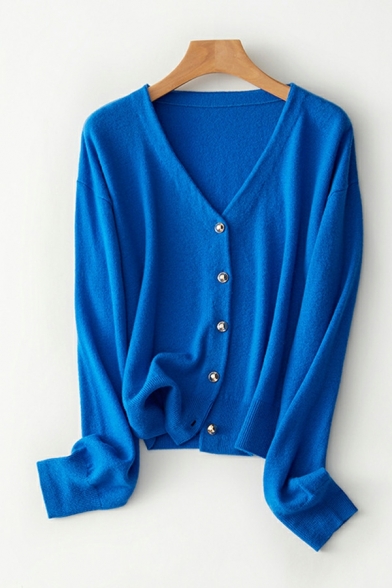 Dashing Whole Colored V Neck Long-sleeved Fitted Button down Knitted Top for Ladies