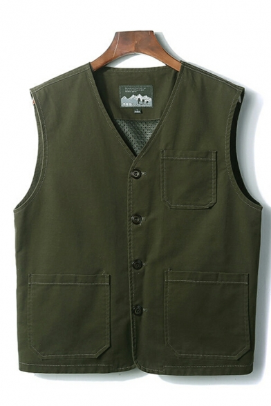 Edgy Men Plain V-neck Chest Pocket Relaxed Button Closure Vest