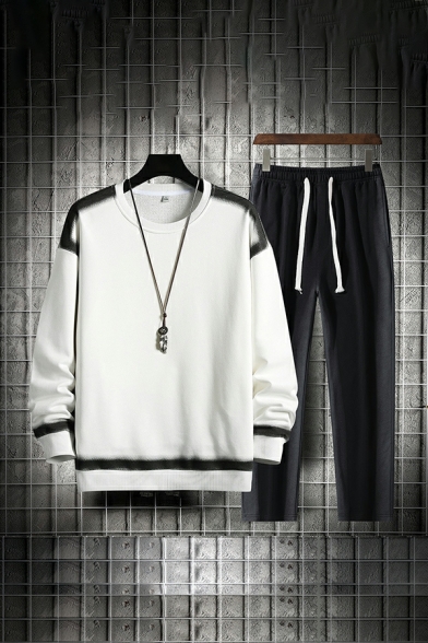 Fashion Contrast Color Crew Neck Long Sleeve Sweatshirt with Drawstring Pants Set for Men