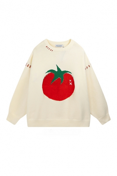 Fashion Ladies Tomato Print Long Sleeve Round Neck Loose Fit Knitted Top