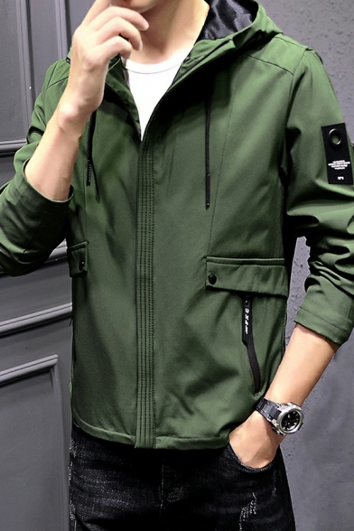 Guy's Fashion Solid Color Long Sleeve Hooded Fitted Zip Placket Drawstring Jacket