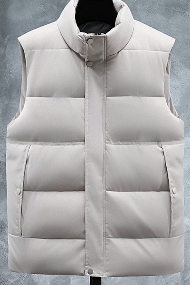 Guys Pop Pure Color Stand Collar Regular Button Detailed Sleeveless Zip Fly Vest for Men