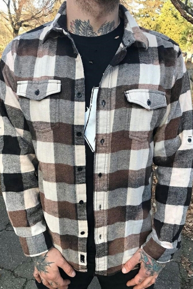 Hot Guy's Plaid Pattern Pocket Long Sleeve Regular Turn-down Collar Button Fly Jacket