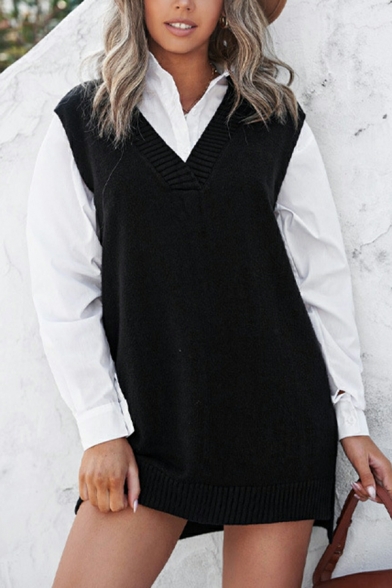Ladies Vintage Plain Ribbed Hem V-neck Sleeveless Loose Fit Knitted Vest