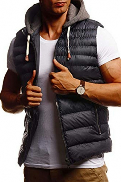 Leisure Men Plain Hooded Drawstring Pocket Decoration Regular Fit Zipper Vest