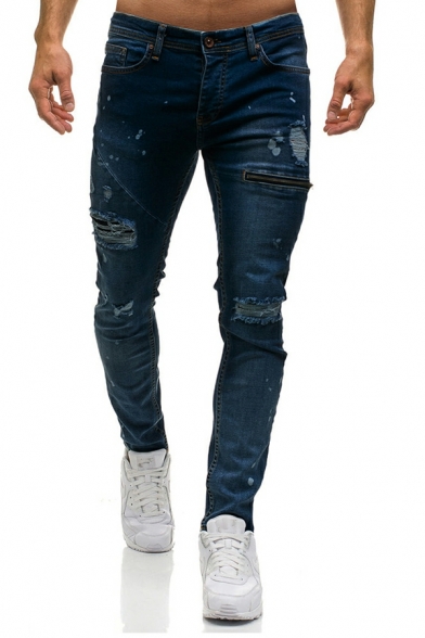 Men Boyish Pure Color Distressed Decorated Long Length Mid Rise Zip down Skinny Jeans