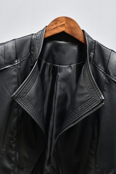 Retro Women Solid Spread Collar Pocket Regular Fit Long Sleeve Zip Closure PU Jacket