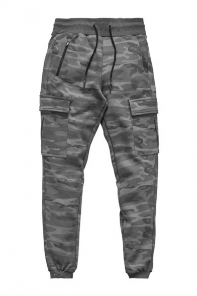 Street Look Camouflage Pattern Drawcord Flap Pocket Mid Rise Slim Fit Pants for Men
