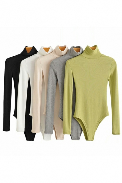 Stylish Women Solid Color Slimming High Neck Long Sleeves Bodysuit